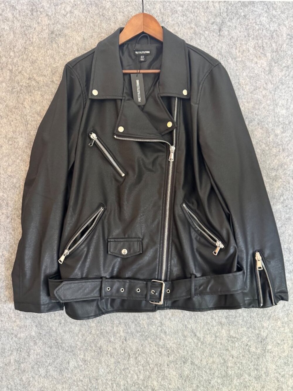 Pretty Little Thing Black Biker Jacket Faux Leather Zippers Moto Sz UK 12 US 8